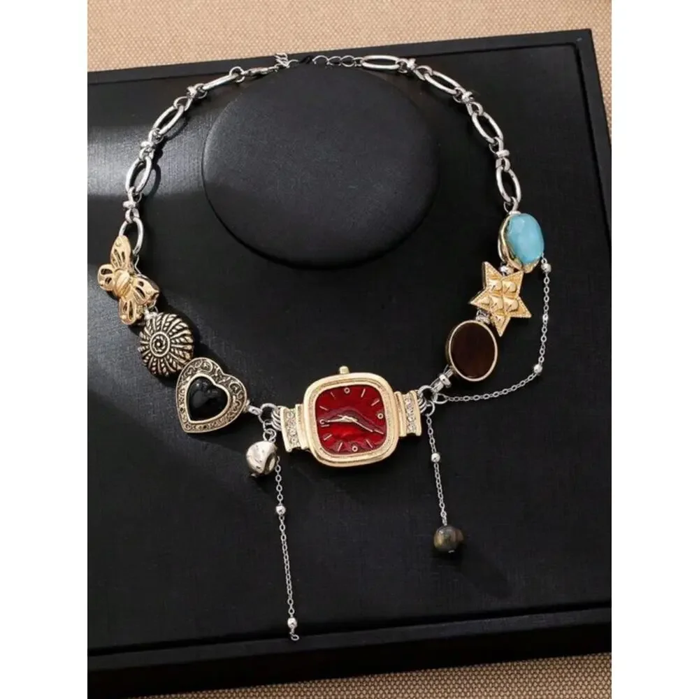 Vintage Charm Watch Necklace Red Pendant Gold Statement Choker Tarnish Proof